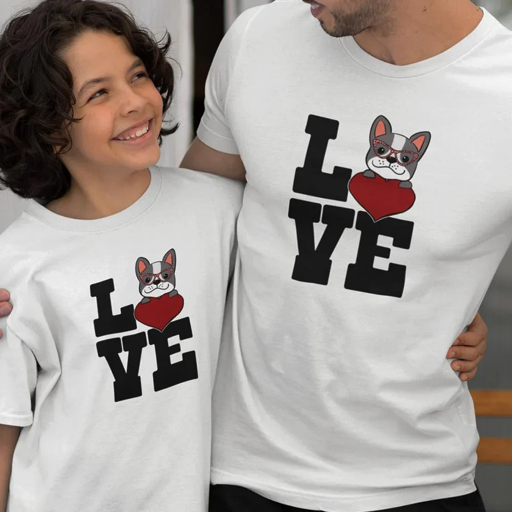 Love French Bulldog Dad and Child Organic Cotton T-Shirts family Set (Set of 2)