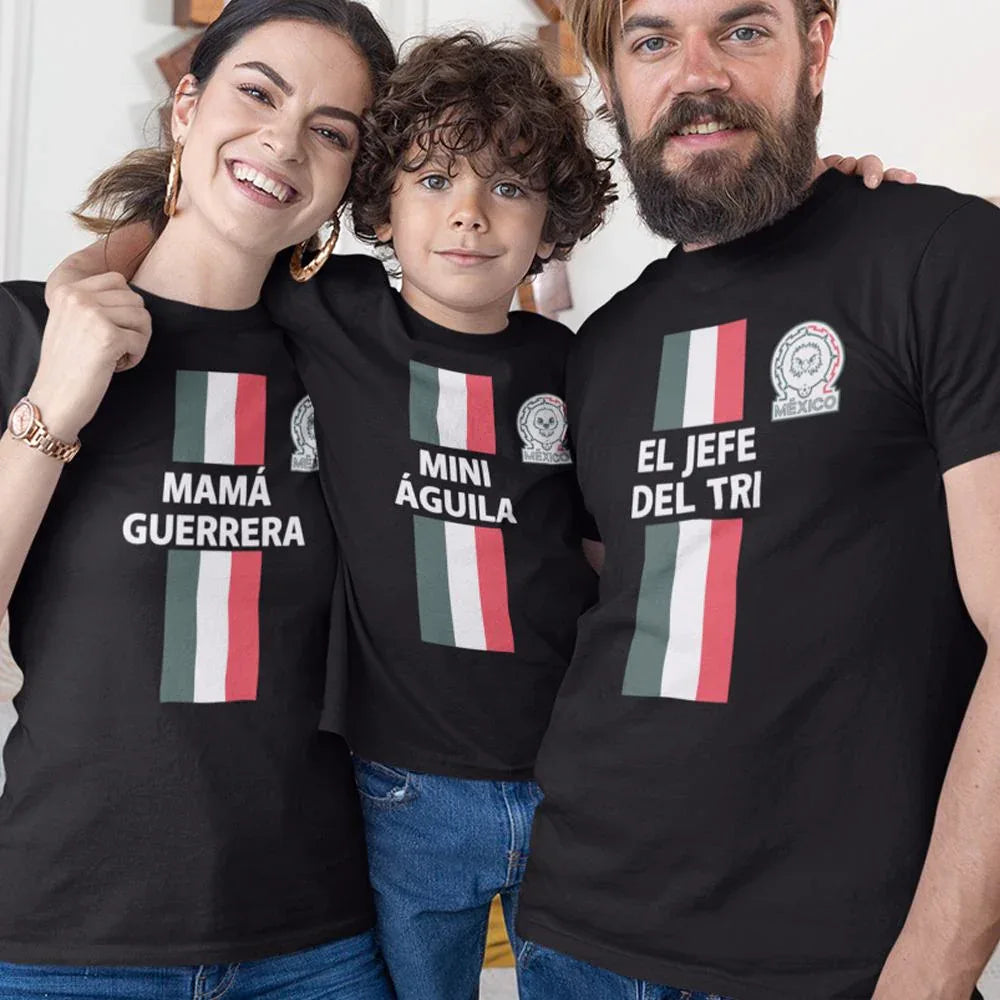 EL Jefe Del Tri, Mamá Guerrera, Mini Águila Dad Mom and Kid Matching Organic Cotton T-Shirts Family Set (Set of 3)