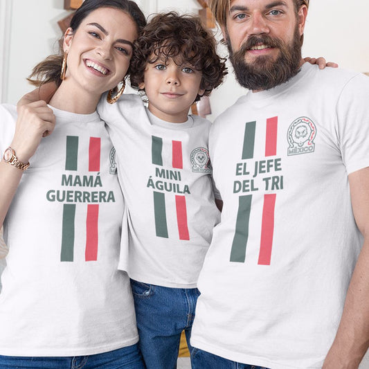 EL Jefe Del Tri, Mamá Guerrera, Mini Águila Dad Mom and Kid Matching Organic Cotton T-Shirts Family Set (Set of 3)