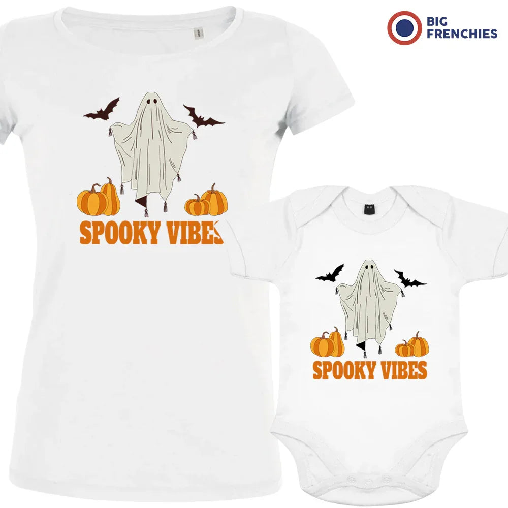 Spooky Vibes With Pumpkin And Ghost Mom and Child Organic Cotton family Set (Set of 2)