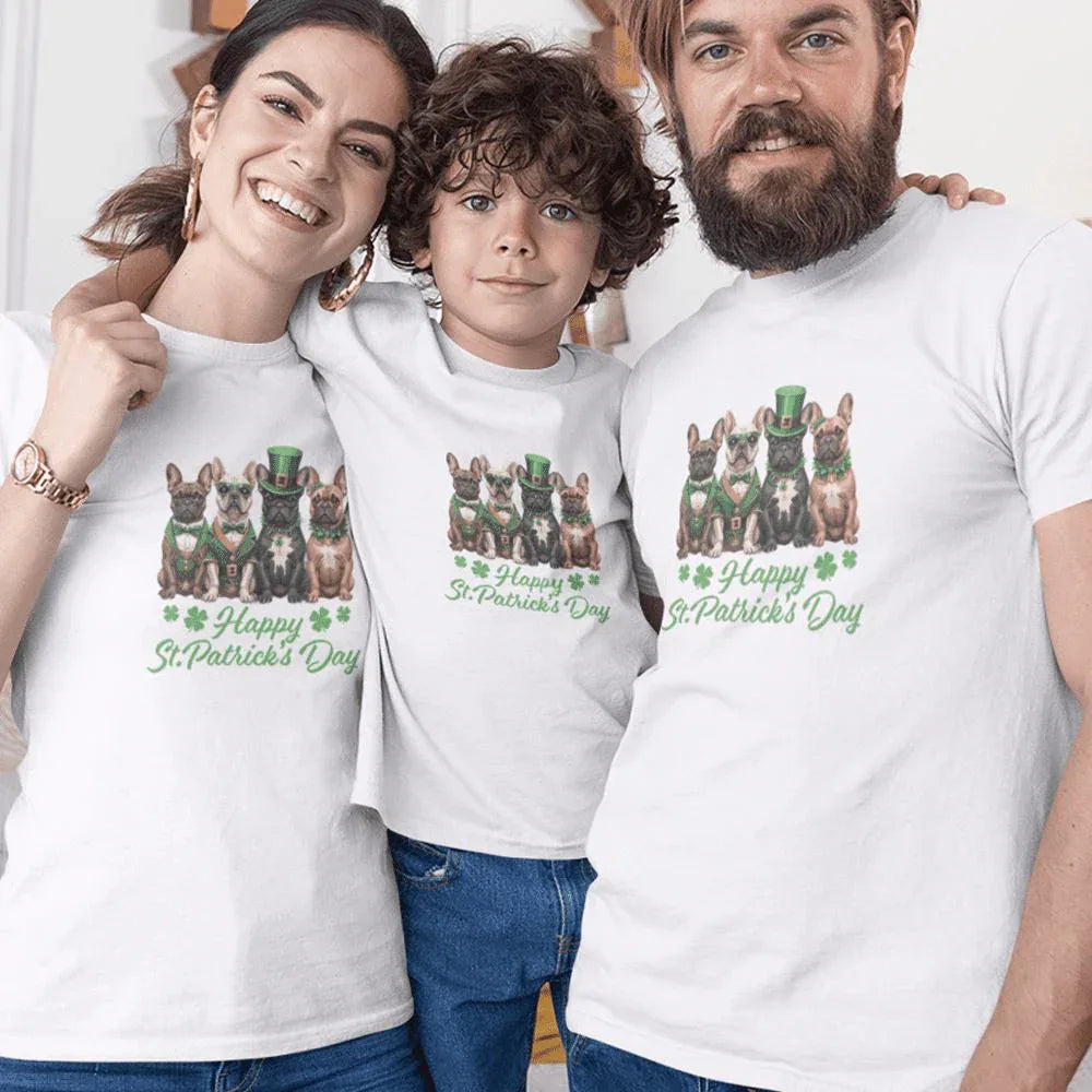 French Bulldog Happy St Patrick's Day Matching Organic Cotton T-Shirts Family Set (Set of 3)