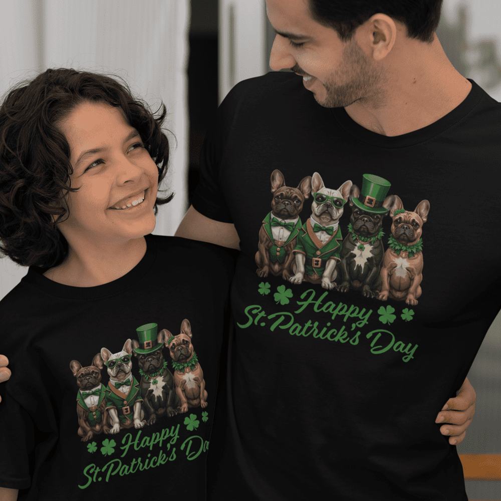 French Bulldog Happy St Patrick's Day Dad and Child Organic Cotton T-Shirts family Set (Set of 2)
