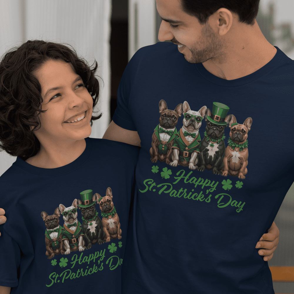 French Bulldog Happy St Patrick's Day Dad and Child Organic Cotton T-Shirts family Set (Set of 2)