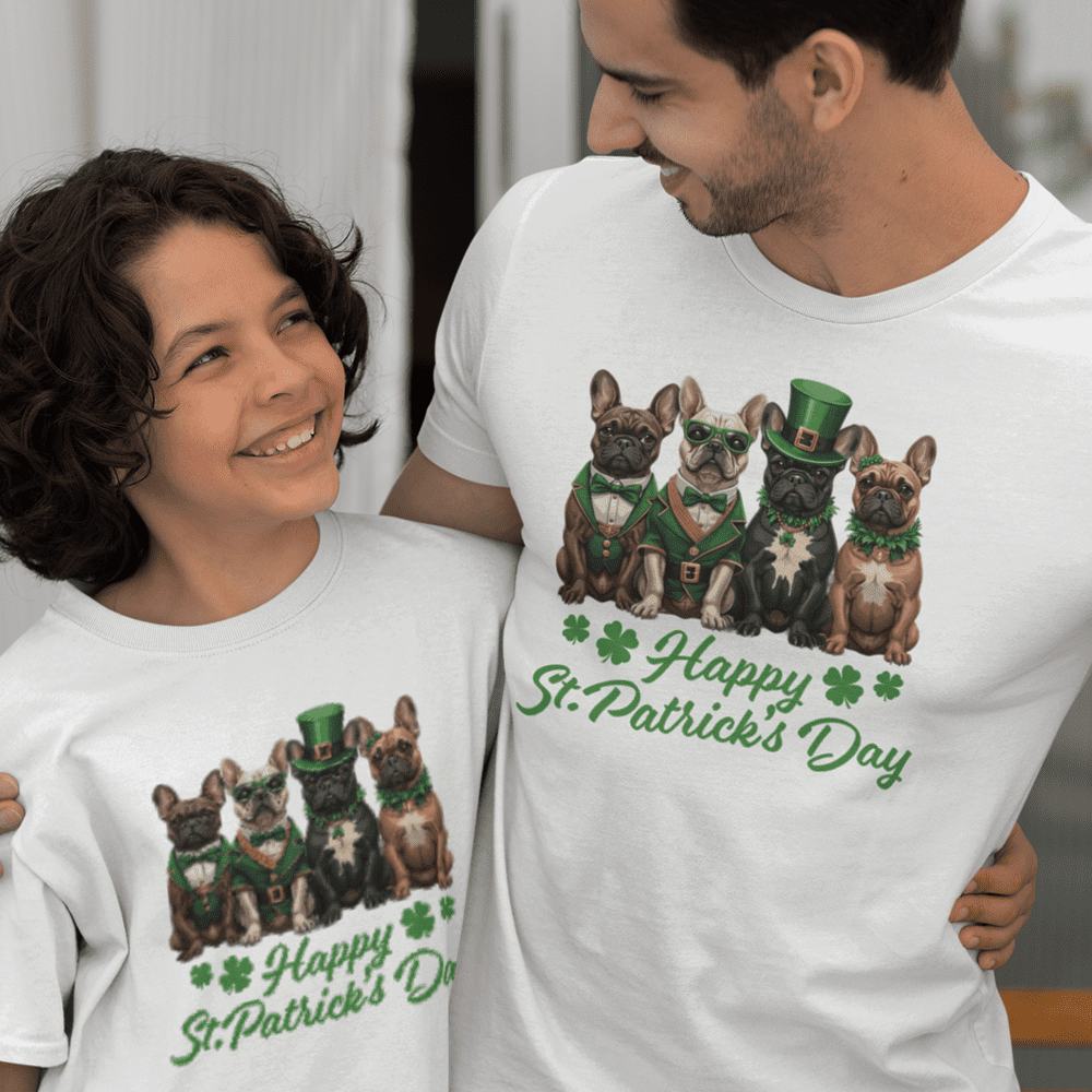 French Bulldog Happy St Patrick's Day Dad and Child Organic Cotton T-Shirts family Set (Set of 2)
