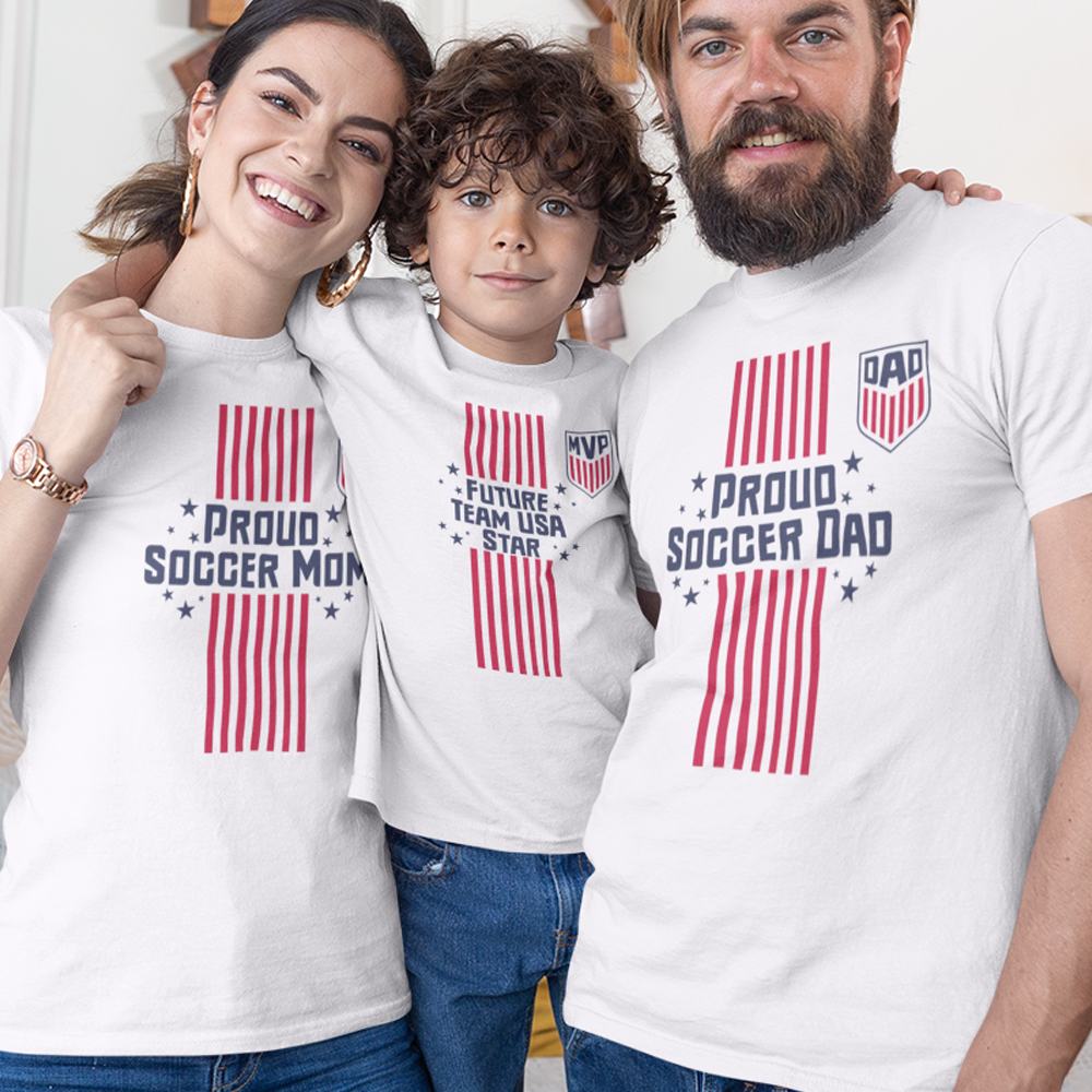 Proud Soccer Dad, Proud Soccer Mom, Future Team USA Star Dad Mom and Kid Matching Organic Cotton T-Shirts Family Set (Set of 3)
