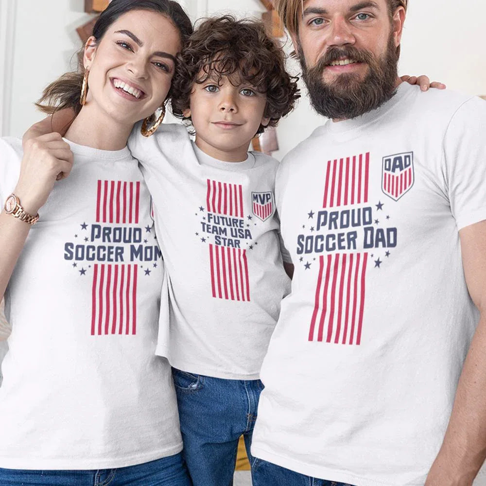 Proud Soccer Dad, Proud Soccer Mom, Future Team USA Star Dad Mom and Kid Matching Organic Cotton T-Shirts Family Set (Set of 3)