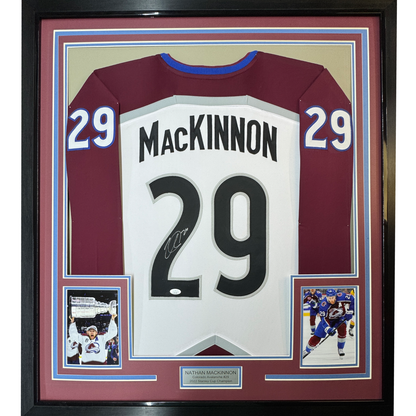 Framed Autographed/Signed Nathan MacKinnon 35x39 Colorado White Hockey Jersey JSA COA #2