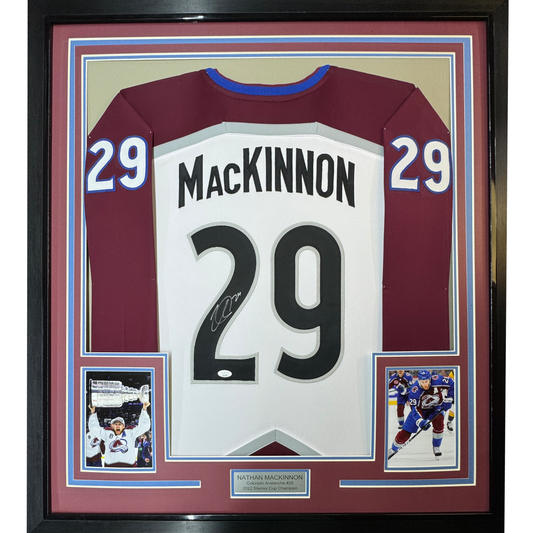 Framed Autographed/Signed Nathan MacKinnon 35x39 Colorado White Hockey Jersey JSA COA #2
