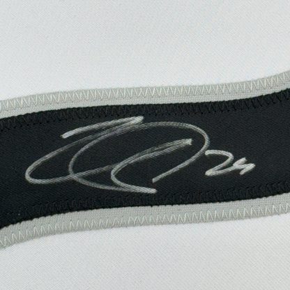 Framed Autographed/Signed Nathan MacKinnon 35x39 Colorado White Hockey Jersey JSA COA #2