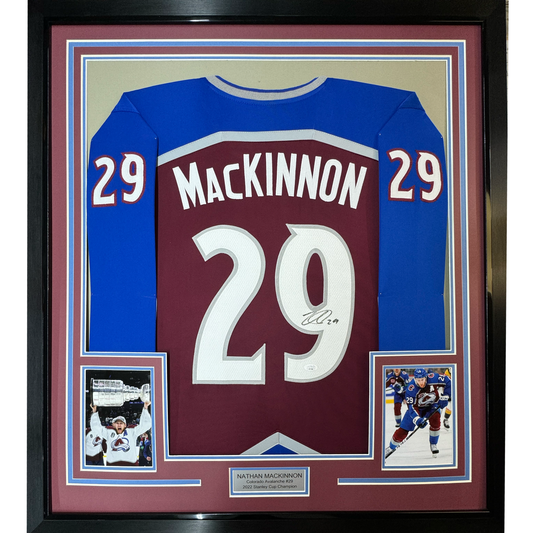 Framed Autographed/Signed Nathan MacKinnon 35x39 Colorado Maroon Hockey Jersey JSA COA
