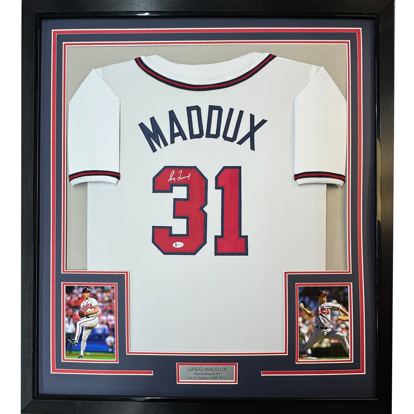 Framed Autographed/Signed Greg Maddux 35x39 Atlanta White Baseball Jersey Beckett BAS COA