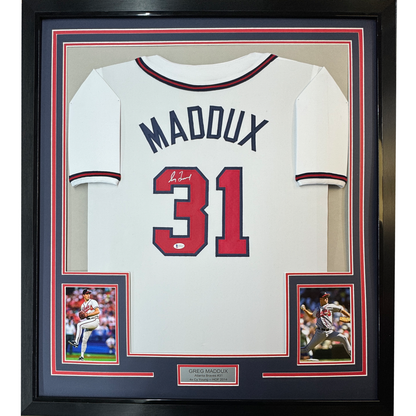 Framed Autographed/Signed Greg Maddux 35x39 Atlanta White Baseball Jersey Beckett BAS COA