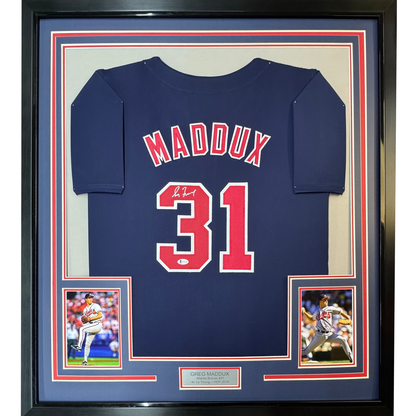 Framed Autographed/Signed Greg Maddux 35x39 Atlanta Blue Baseball Jersey JSA COA