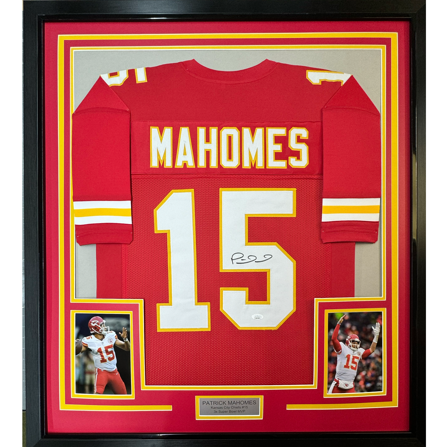 Framed Autographed/Signed Patrick Mahomes 35x39 Kansas City Red Football Jersey JSA COA