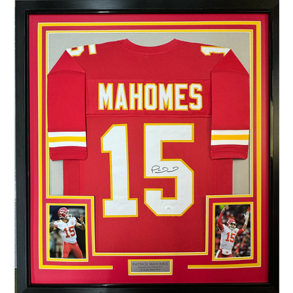 Framed Autographed/Signed Patrick Mahomes 35x39 Kansas City Red Football Jersey JSA COA