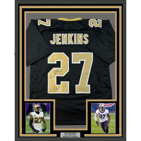 Framed Autographed/Signed Malcolm Jenkins 35x39 New Orleans Black Football Jersey Beckett BAS COA