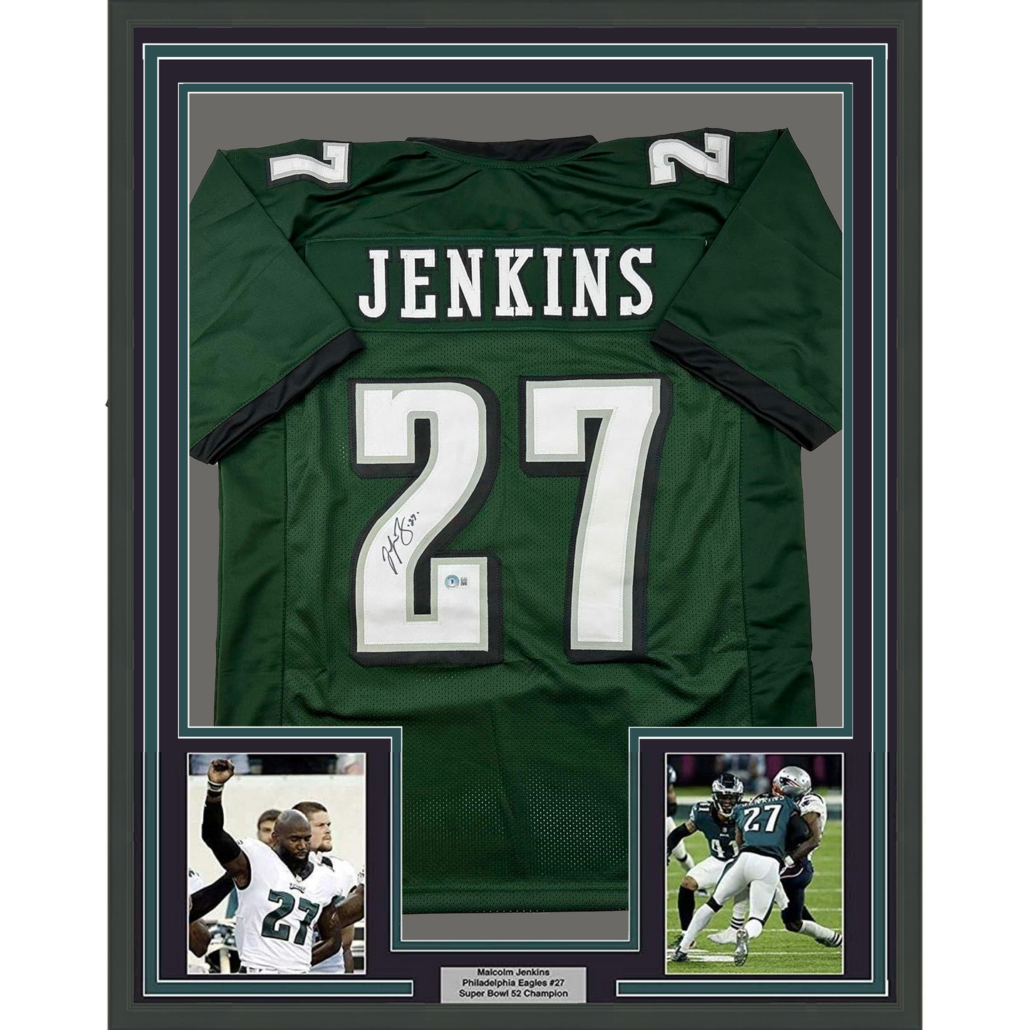 Framed Autographed/Signed Malcolm Jenkins 35x39 Philadelphia Green Football Jersey Beckett BAS COA