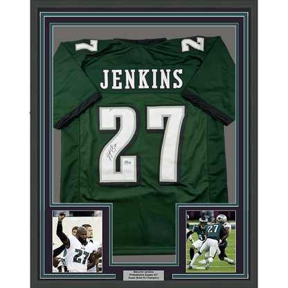 Framed Autographed/Signed Malcolm Jenkins 35x39 Philadelphia Green Football Jersey Beckett BAS COA
