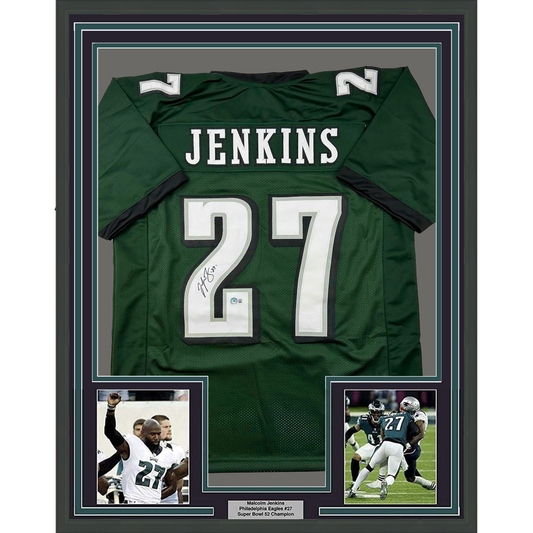 Framed Autographed/Signed Malcolm Jenkins 35x39 Philadelphia Green Football Jersey Beckett BAS COA