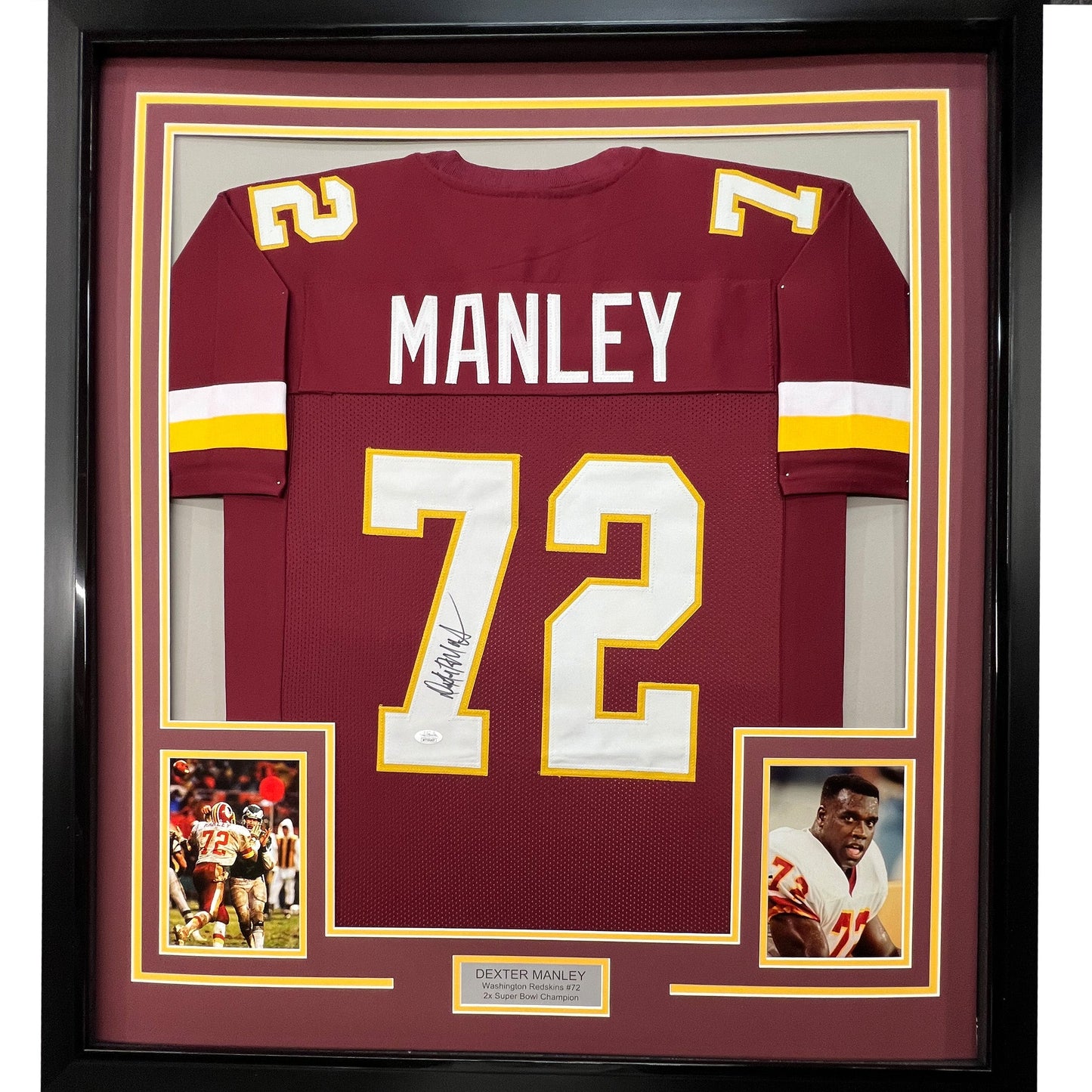 Framed Autographed/Signed Dexter Manley 35x39 Washington Burgundy Football Jersey JSA COA