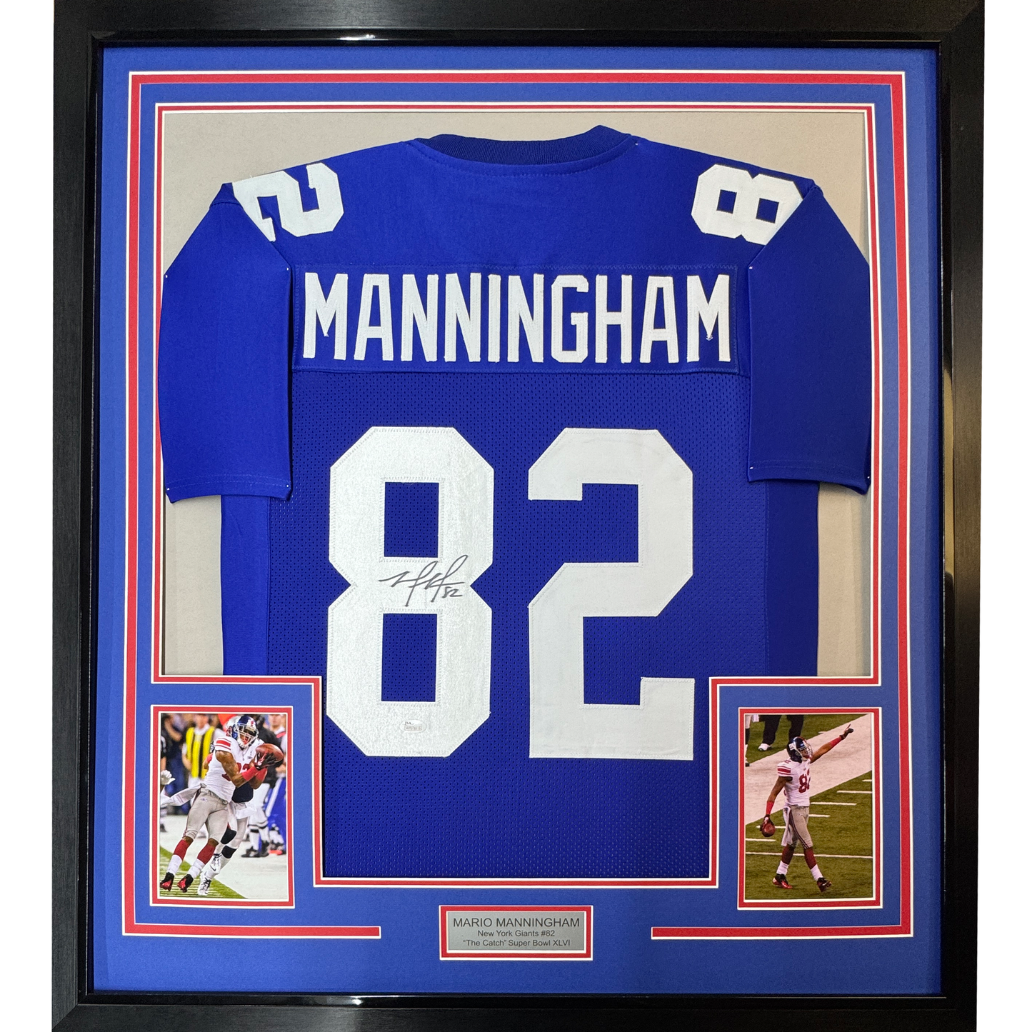 Framed Autographed/Signed Mario Manningham 35x39 New York Giants Blue Football Jersey JSA COA