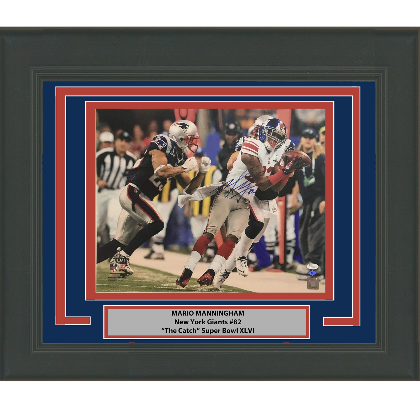 Framed Autographed/Signed Mario Manningham New York Giants Super Bowl Catch 16x20 Football Photo JSA COA