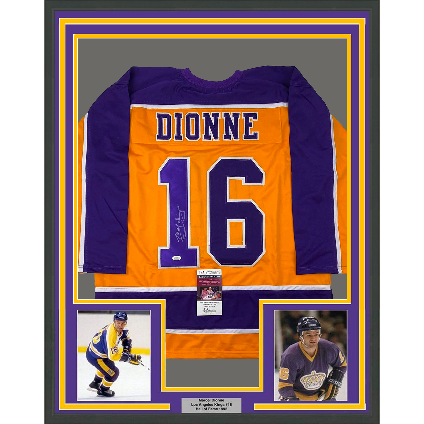 Framed Autographed/Signed Marcel Dionne 35x39 Los Angeles LA Yellow Hockey Jersey JSA COA