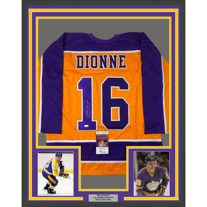 Framed Autographed/Signed Marcel Dionne 35x39 Los Angeles LA Yellow Hockey Jersey JSA COA