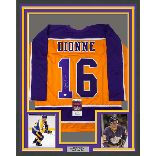 Framed Autographed/Signed Marcel Dionne 35x39 Los Angeles LA Yellow Hockey Jersey JSA COA
