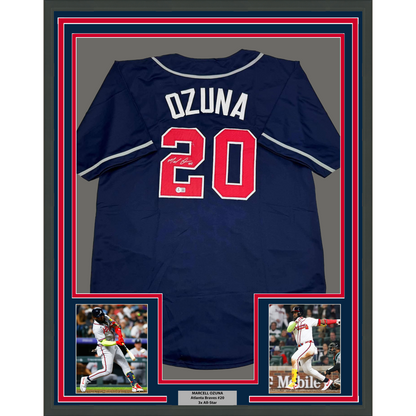 Framed Autographed/Signed Marcell Ozuna 35x39 Atlanta Blue Baseball Jersey Beckett BAS COA