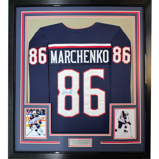 Framed Autographed/Signed Kirill Marchenko 35x39 Columbus Blue Hockey Jersey JSA COA