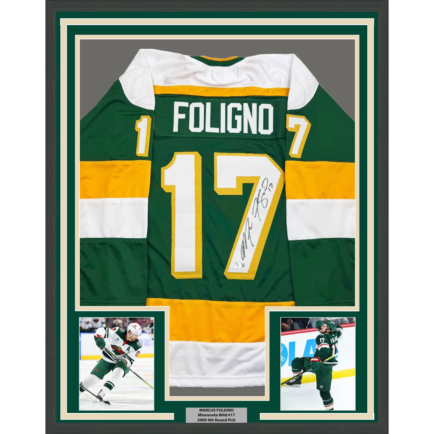Framed Autographed/Signed Marcus Foligno 35x39 Minnesota Green Hockey Jersey Beckett BAS COA