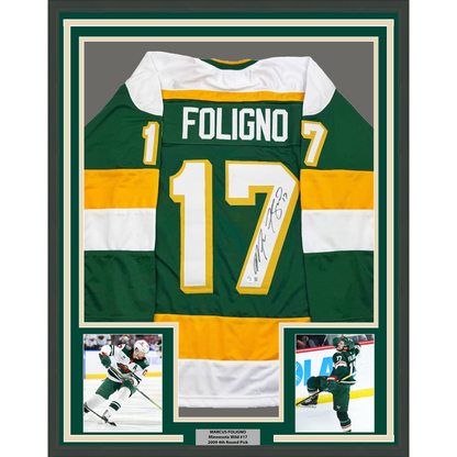 Framed Autographed/Signed Marcus Foligno 35x39 Minnesota Green Hockey Jersey Beckett BAS COA