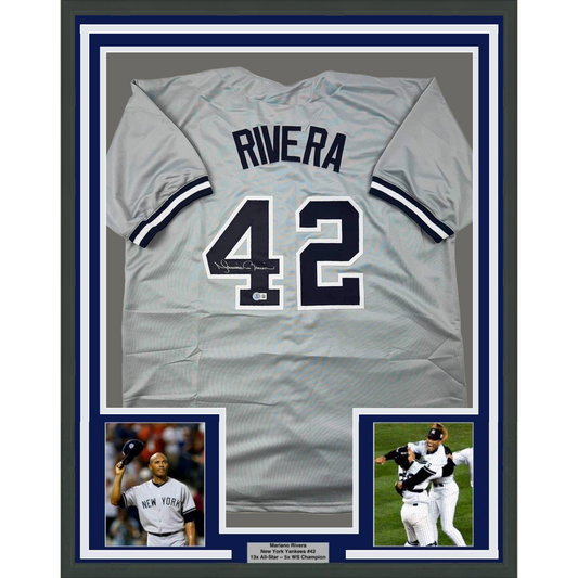 Framed Autographed/Signed Mariano Rivera 35x39 New York Grey Baseball Jersey Beckett BAS COA Holo