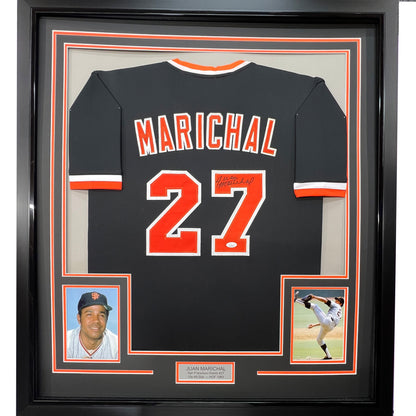 Framed Autographed/Signed Juan Marichal 35x39 San Francisco Black Baseball Jersey JSA COA