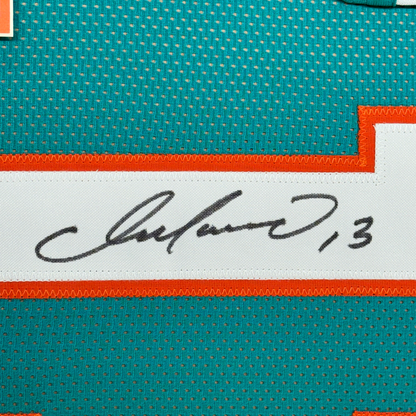 Framed Autographed/Signed Dan Marino 35x39 Miami Teal Football Jersey JSA COA