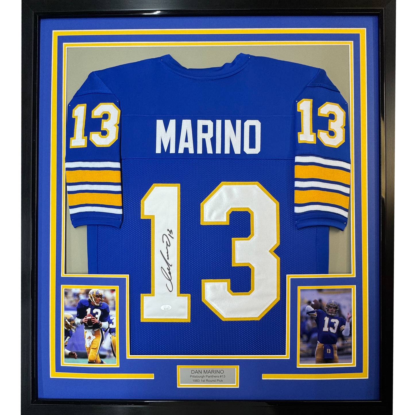 Framed Autographed/Signed Dan Marino 35x39 Pittsburgh Blue College Football Jersey JSA COA