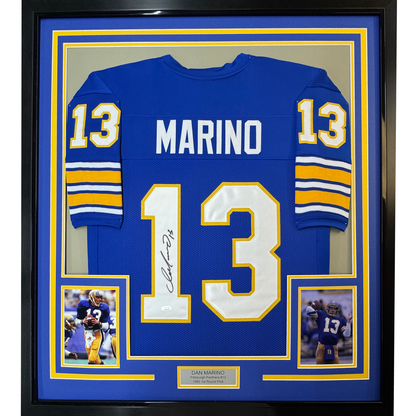 Framed Autographed/Signed Dan Marino 35x39 Pittsburgh Blue College Football Jersey JSA COA