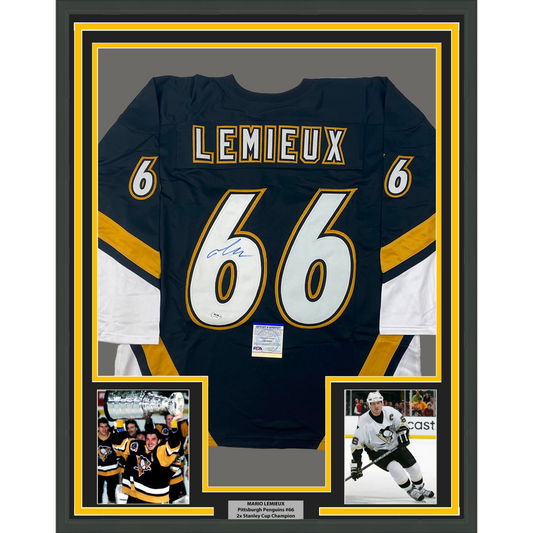 Framed Autographed/Signed Mario Lemieux 35x39 Pittsburgh Black Hockey Jersey PSA/DNA COA