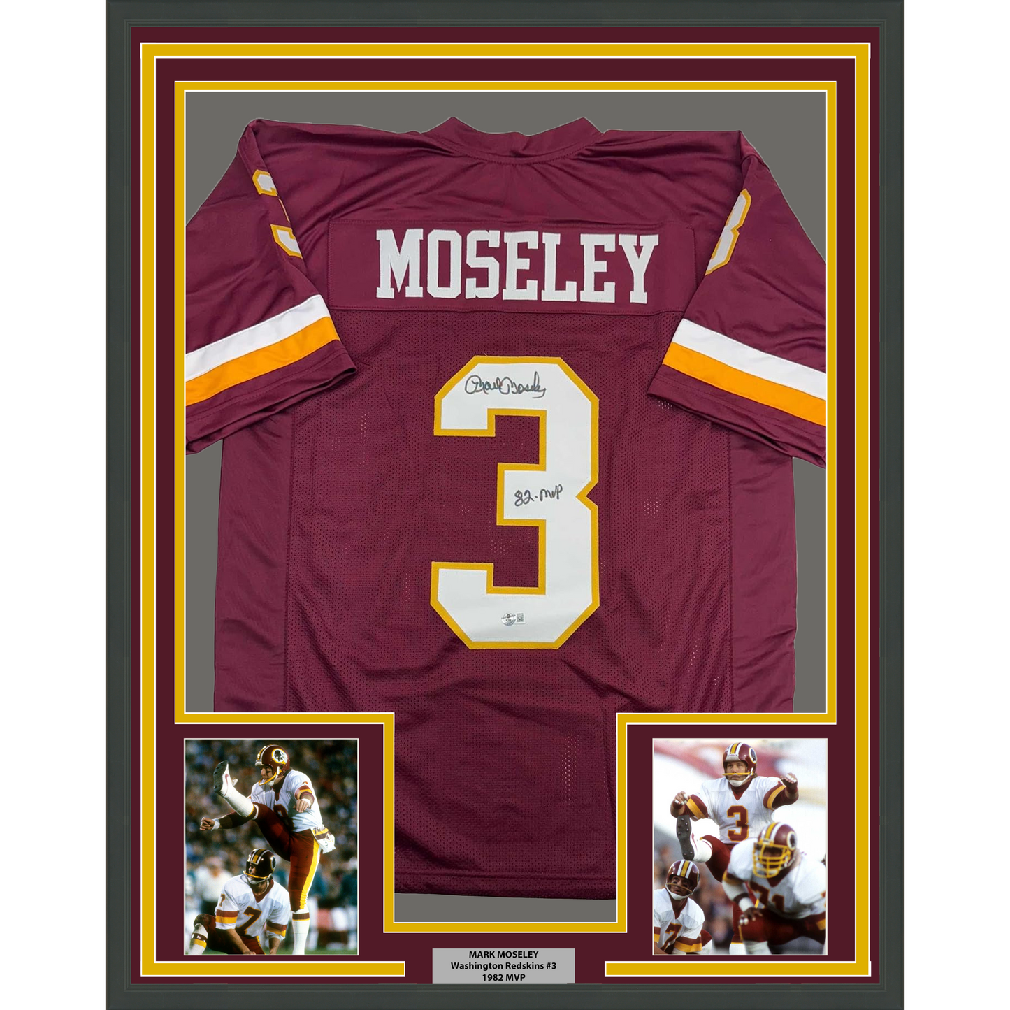 Framed Autographed/Signed Mark Moseley 35x39 82 MVP Washington Burgundy Football Jersey Beckett BAS COA