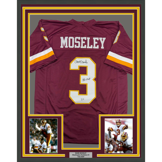 Framed Autographed/Signed Mark Moseley 35x39 82 MVP Washington Burgundy Football Jersey Beckett BAS COA