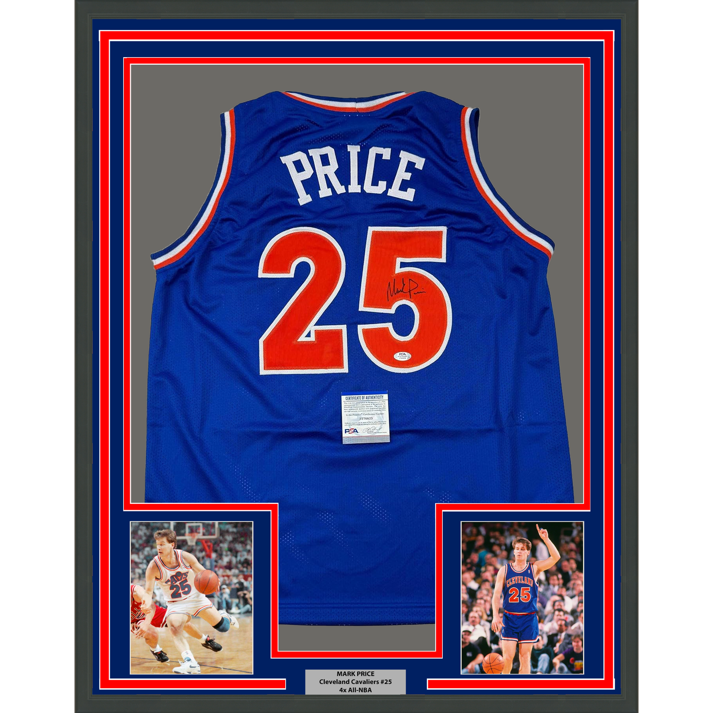 Framed Autographed/Signed Mark Price 35x39 Cleveland Blue Basketball Jersey PSA COA