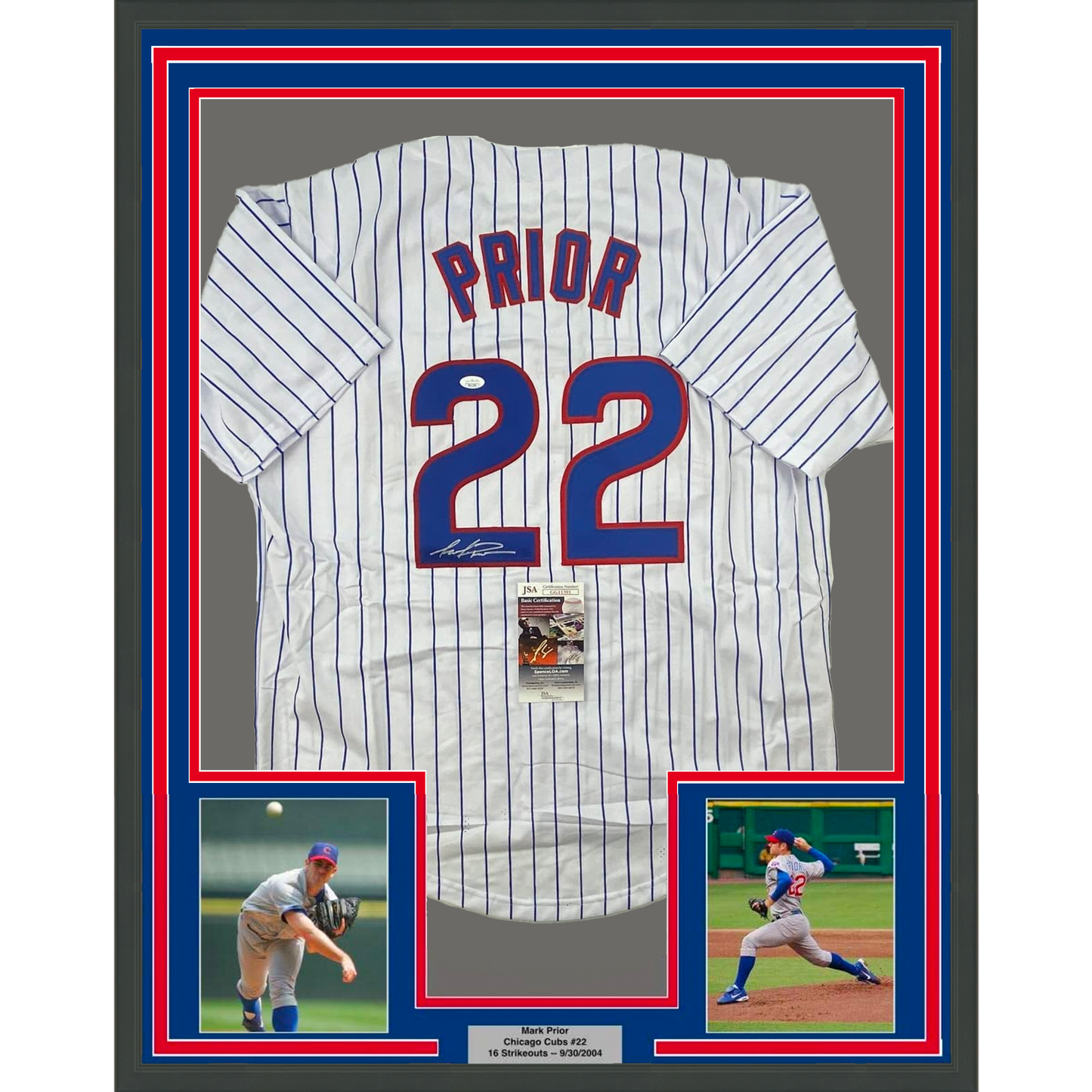 Framed Autographed/Signed Mark Prior 35x39 Chicago Pinstripe Baseball Jersey JSA COA