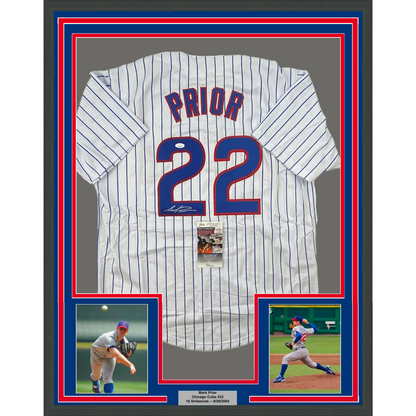 Framed Autographed/Signed Mark Prior 35x39 Chicago Pinstripe Baseball Jersey JSA COA