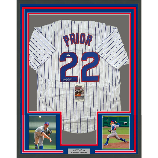 Framed Autographed/Signed Mark Prior 35x39 Chicago Pinstripe Baseball Jersey JSA COA