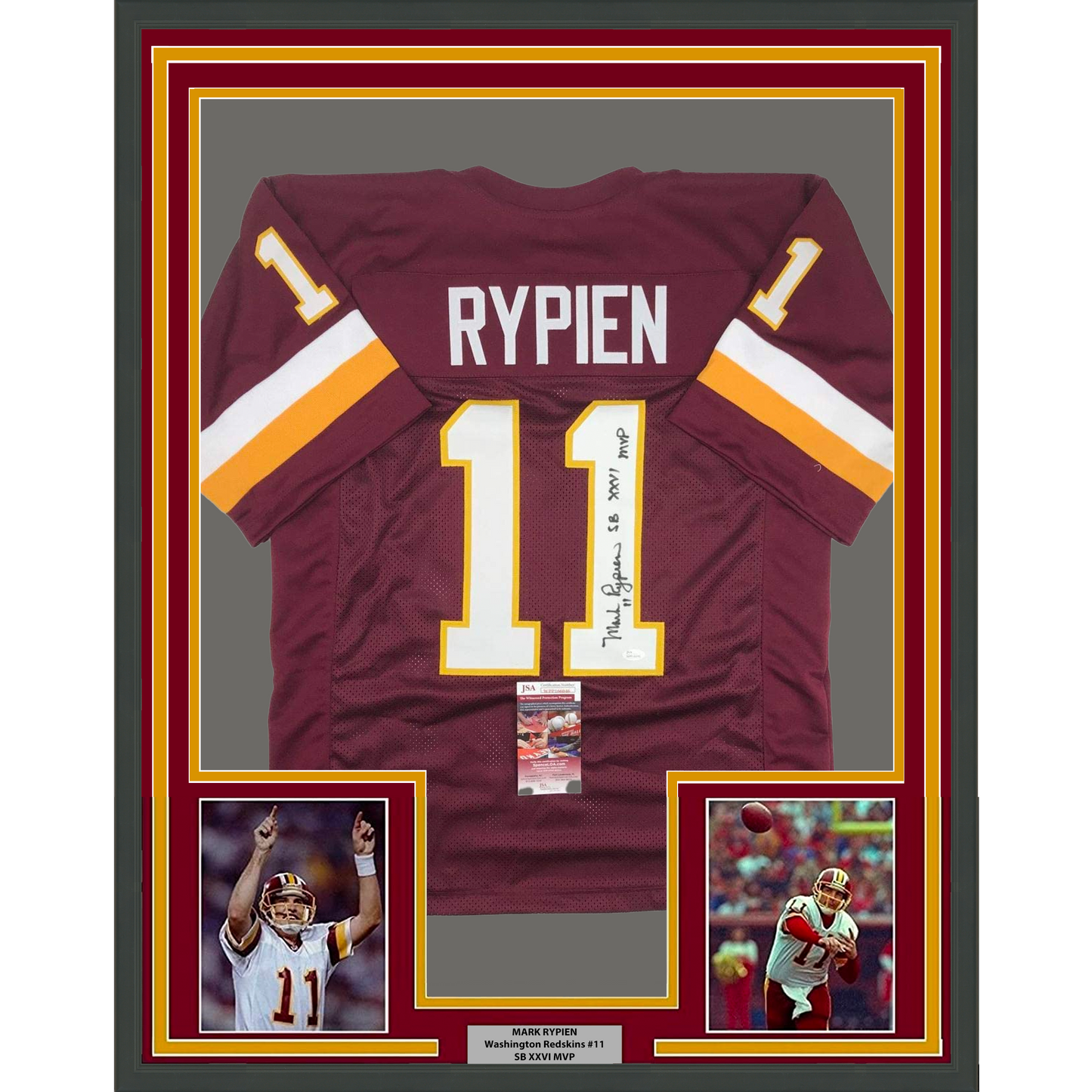Framed Autographed/Signed Mark Rypien SB XXVI MVP 35x39 Washington Burgundy Football Jersey JSA COA