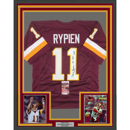 Framed Autographed/Signed Mark Rypien SB XXVI MVP 35x39 Washington Burgundy Football Jersey JSA COA