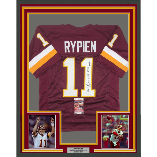 Framed Autographed/Signed Mark Rypien SB XXVI MVP 35x39 Washington Burgundy Football Jersey JSA COA