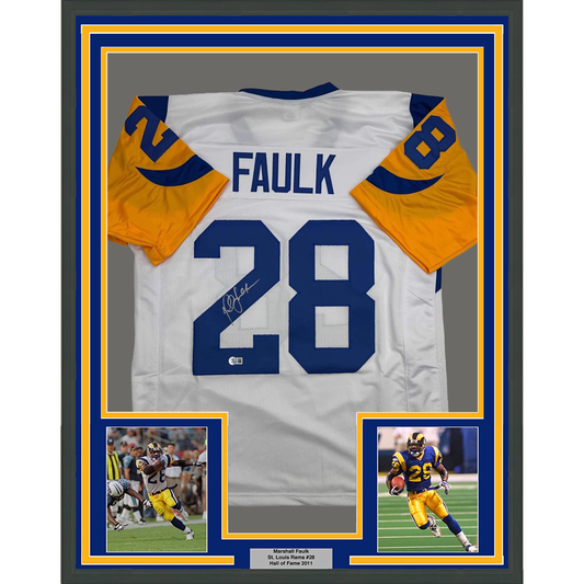 Framed Autographed/Signed Marshall Faulk 35x39 St. Louis Retro White Football Jersey Beckett BAS COA