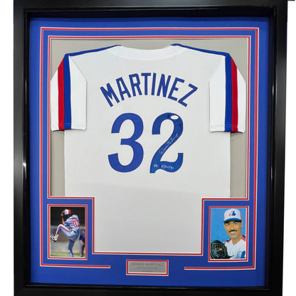 Framed Autographed/Signed Dennis Martinez 35x39 Montreal White Baseball Jersey JSA COA